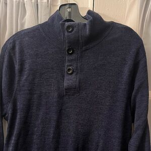Relwen Men's Cotton Linen Navy Sweater with Three Button Collar Size Large